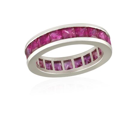 A RUBY ETERNITY RING, BY GRAFFThe continuous row of square-cut rubies within channel-setting, mounted in platinum, signed Gra