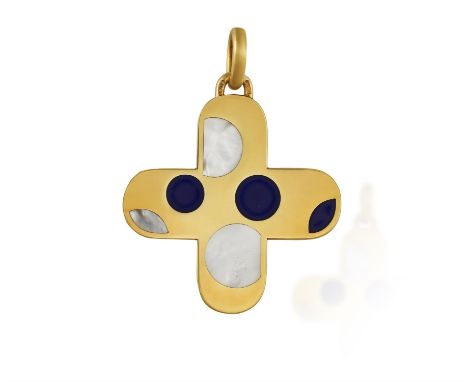 A MOTHER-OF-PEARL CROSS PENDANT, BY ILLARIOThe cross decorated with mother-of-pearl and blue plaques, mounted in 18K gold, wi