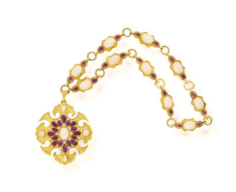 A CORAL, AMETHYST AND DIAMOND PENDANT-NECKLACE, CIRCA 1975Composed of a textured gold chain set with alternating coral and am