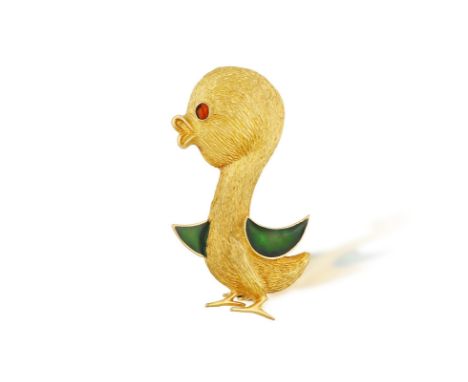 AN ENAMEL AND GOLD NOVELTY BROOCH, FRENCH, CIRCA 1960Designed as a whimsical duck, of textured gold body with green enamel wi