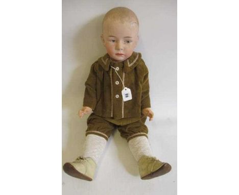 Two restored Heubach bisque socket head dolls, comprising a 25" 7602 solemn boy, with moulded eyes and five piece composition