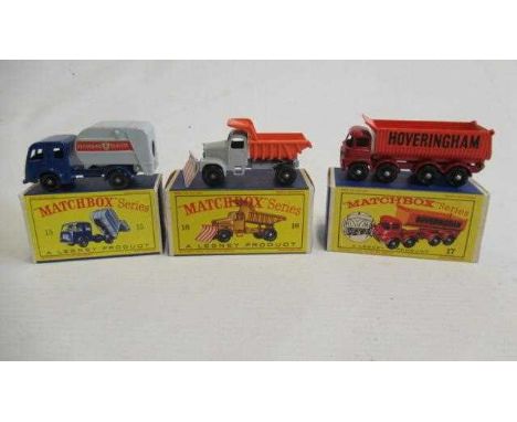 Matchbox 150C Refuse Tipper, box M, model M, 16C Scammell Snow Plough, box M, model M and 17d Foden Tipper, box M, model M (E