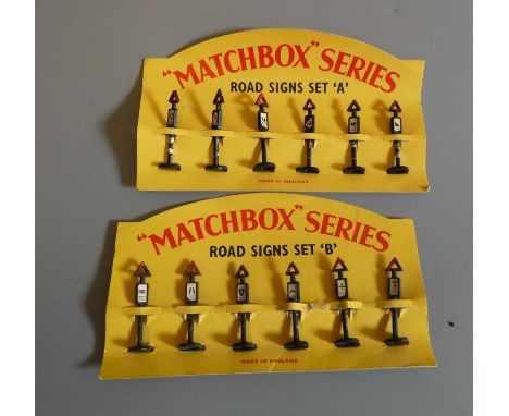 A rare set of pirated Matchbox road signs Set A and B on carded yellow with "Matchbox" Series printed to tops, E-M (Est. plus