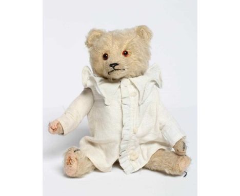 A rare pre-war white teddy bear, with amber glass eyes, sewn nose, white plush, straw filling, felt pink pads, internal squea