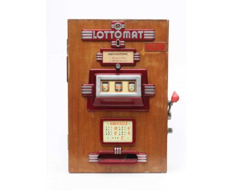 Lottomat penny slot machine, three barrel with awards, wooden case, cast fitting, G (no back to case) (Est. plus 24% premium 