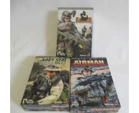 Three Hot Toys U.S. Army figures comprising Airman, Navy Seal and Ranger, boxed, E (Est. plus 24% premium inc. VAT)