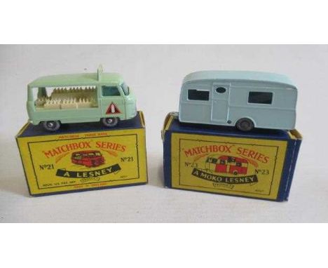 Matchbox 21c Commer Bottle Float, cream milk bottles, box M, model M, 23a Berkeley caravan on tow MBS23, box M, model has loo