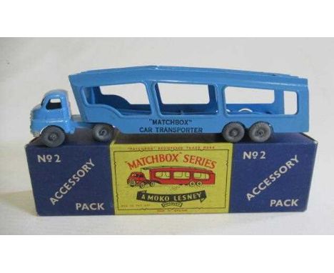 Matchbox Accessory Pack A2 Bedford car transporter, black lettering, box has small hole in one side, otherwise excellent mode