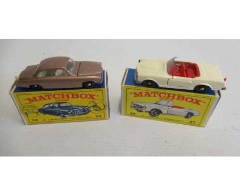 Matchbox 27d Mercedes 230SL, box M, model M, and 28c Jaguar MK10, box M, model M (Est. plus 24% premium inc. VAT)