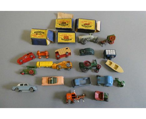 Unboxed Matchbox vehicles including Ford Zodiac, yellow tanker, Morris Minor and traction engine and three playworn boxes, F-