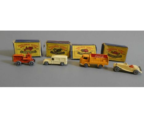 Matchbox Moko Lesney No.8 tractor, No.14 ambulance, No.19 MG sports car and No.37 Coca Cola lorry, all boxes AF, models G (Es