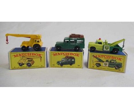 Matchbox 11c Jumbo crane, box M, model M, 12c Land Rover Safari, box M, model M and 13d Dodge Wreck truck, box M, model M (Es