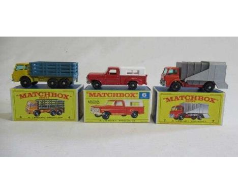 Matchbox 4d Dodge Stake truck, box M, model M, 6d Ford Pick-Up, box M, model M and 7c Refuse Truck, box M, model M (Est. plus