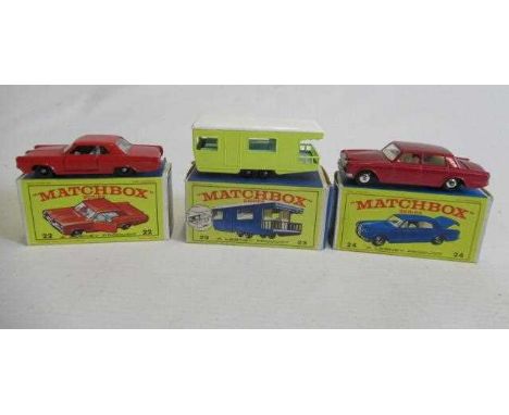 Matchbox 22c Pontiac Sports Coupe, box M, model M, 23d Trailer Caravan, box M, model M, and 24c Rolls Royce Silver Shadow, bo