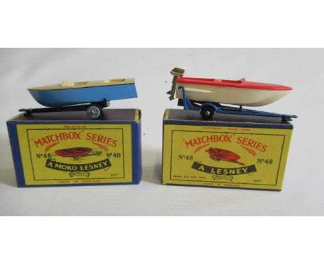 Matchbox 48a speed boat and trailer in early box M, model E-M, 48b Sports boat and trailer, early box M, model M (Est. plus 2