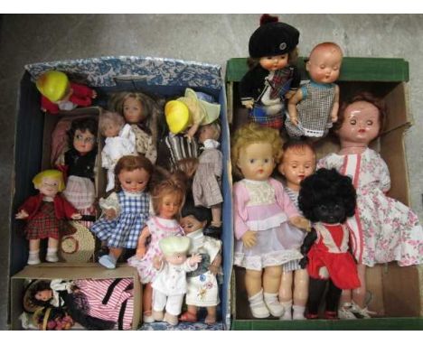 Two boxes of mixed vintage dolls, including a Lenci type sideways glancing doll, 3 Roddy dolls, a composition walker and some