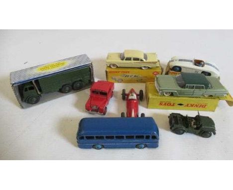 Eight Dinky vehicles comprising 191 Dodge Royal, 532 Lincoln Premiere, 133 C-5R Racer, 622 10 Ton Truck, Army Jeep, Land Rove