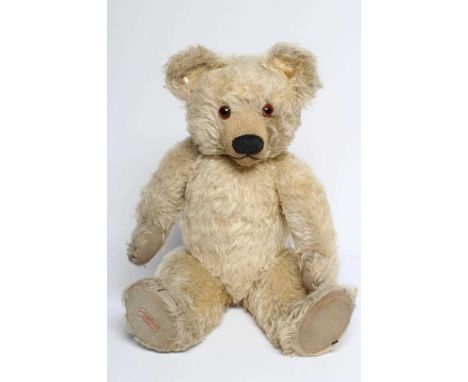 A Chad Valley teddy bear, with amber eyes, sewn nose, felt pads, light orange plush and Hygienic Toys label to foot, 19" long