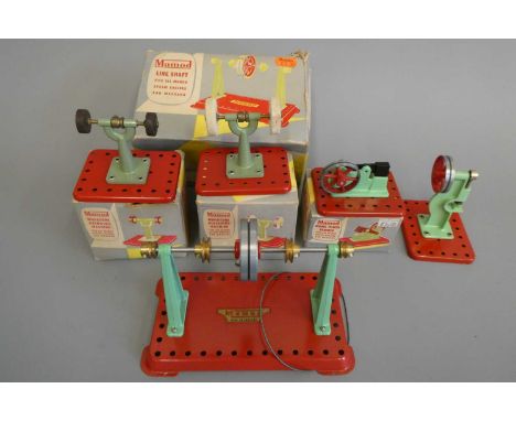 Mamod accessories including polishing machine, grinding machine, power hammer and line shaft, all items boxed, and an unboxed
