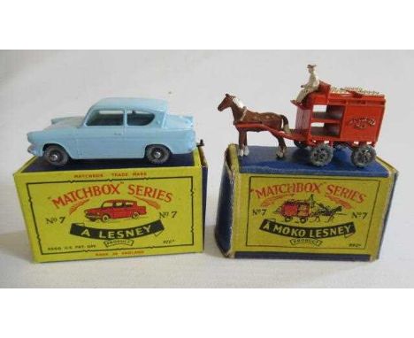 Matchbox 7a horse drawn milk float, box F-P, model G, Ford Anglia, early box M, model M (Est. plus 24% premium inc. VAT)