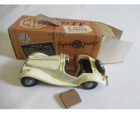 Victory Models battery operated MGTF sports car in white, windscreen missing, battery cover broken, one box flap missing, mod