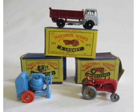 Matchbox Moko No.3 cement mixer, box F-G, model M, 3b Bedford tipper, box G-E, model M and 4a Massey Harris tractor, box P, m