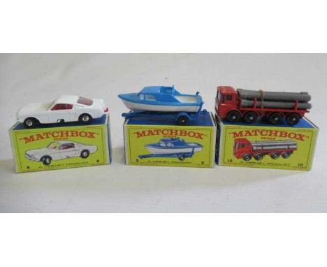 Matchbox 8c Ford Mustang, box M, model M, 9d Boat and Trailer, box M, model M and 10d Leyland Pipe Truck, box M, model M (Est