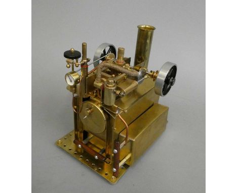 Twin cylinder over-type steam engine, spirit fired boiler with water level plug, pressure gauge, brass finish, unsteamed, G (