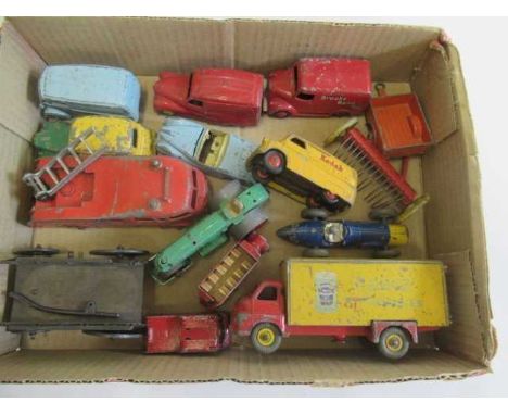 Unboxed Dinky vehicles including fire engine, Heinz Big Bedford, Kodak van and Britain wagon, some items damaged, P (Est. plu