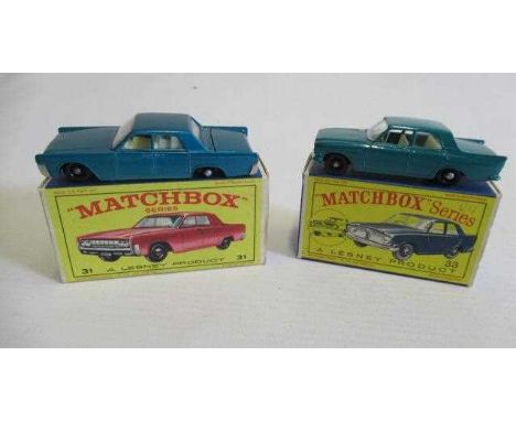 Matchbox 31c Lincoln Continental, red picture box M, model M, and 33b Ford Zephyr, box M, model M (Est. plus 24% premium inc.