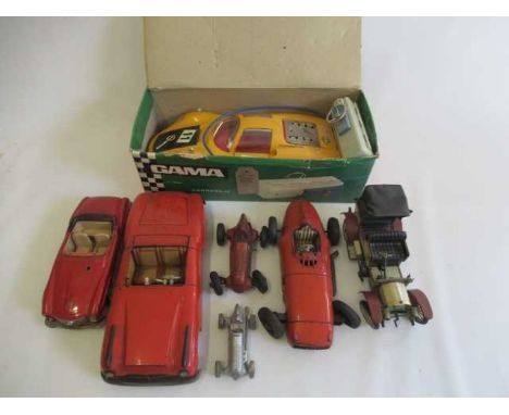 Playworn tin cars by Schuco and others including Mercedes and race cars and a Gama battery operated Carrera 10 plastic race c