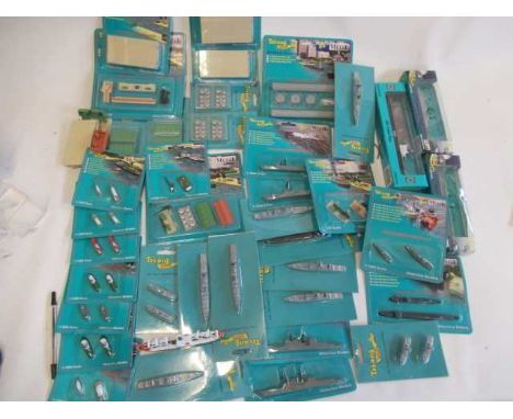 Large quantity of late issue Triang Minic ship models, most items military type, and some quay side accessories, most items b