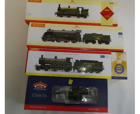 Three Hornby S.R. locomotives comprising 4-4-0 T9 in green 120, 4-6-0 N15 Excalibur in green, 0-4-4 M7 L.S.W.R. green 252 and
