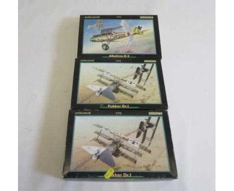 Three Eduard 1/72 scale WWI aircraft kits comprising Albatros DV and two Fokker DR 1, all items in sealed bags, M (Est. plus 