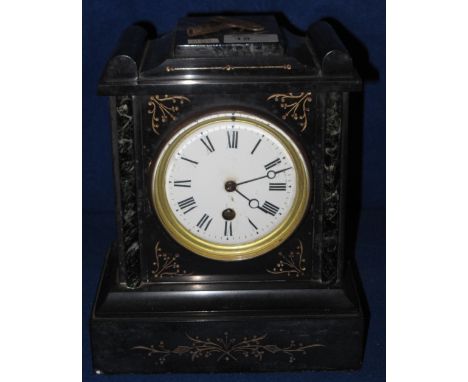 Late 19th Century black slate and marble architectural single train mantle clock with enamel face and French brass drum movem