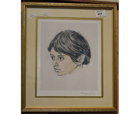 After Kyffin Williams, portrait study of a young woman, coloured print.  Signed in pencil.  Framed and glazed.