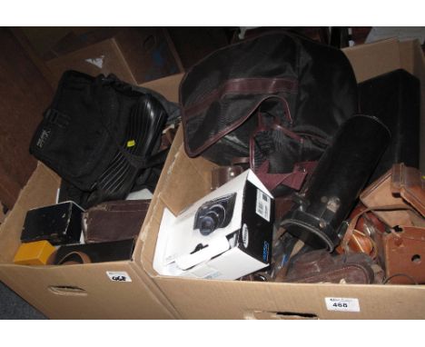 Two boxes of assorted cameras and other equipment to include Helios, Samsung slim zoom 145S, various camera bags etc.  (2)