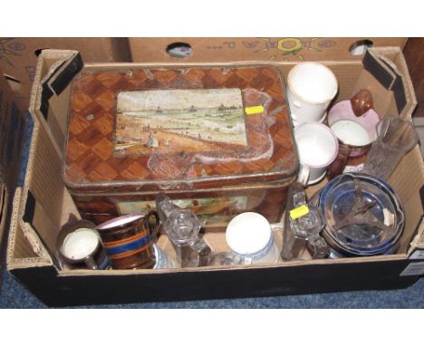 Tray of assorted items to include: pair of glass; two-handled candle sticks; lidded tobacco baluster jar; copper lustre jugs;