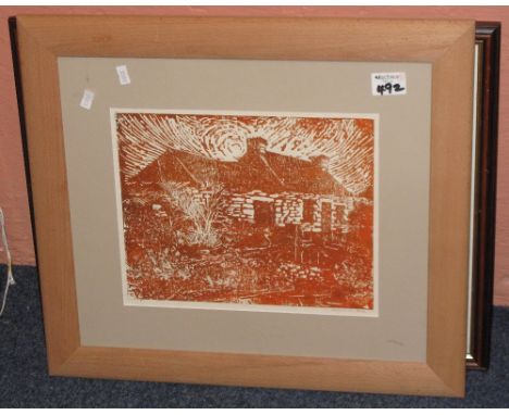 After Aneirin M. Jones, sepia print of a Welsh cottage, signed in pencil.  Framed and glazed, together with after E.J. Mayber