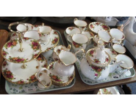 Two trays of Royal Albert Old Country Roses bone china tea ware and other items comprising cups, saucers, tea pot, milk jug, 