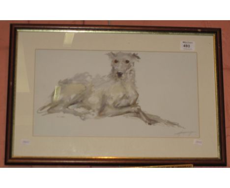 Coloured print of an Irish Wolfhound, indistinctly signed in pencil.  Framed and glazed.