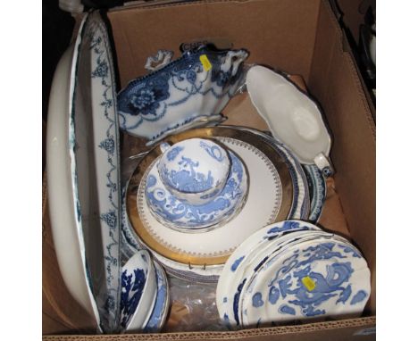 Box of assorted china to include Royal Worcester blue and white dragon design cups, saucer, plates etc, Staffordshire blue an