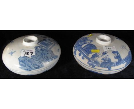 Pair of Chinese porcelain underglaze blue decorated cushion shaped dishes with figural and floral decoration and divided inte