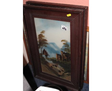 Pair of Gypsy type, framed landscape pictures with windmills on glass together with a coloured print after Herbert Truman.  F
