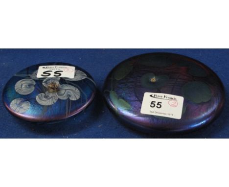 Two "Glas form" iridescent glass cushion shaped foliate decorated paper weights signed J. Ditchfield.  (2) CONDITION REPORT: 
