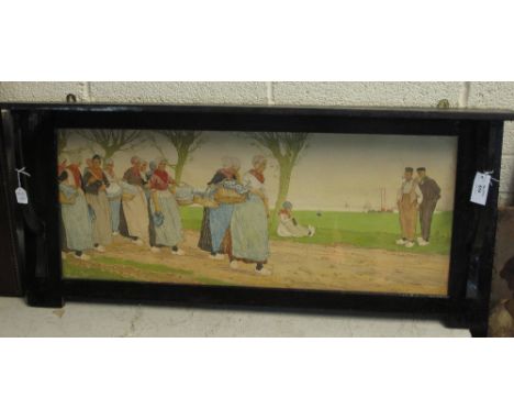 Early 20th Century ebonised over mantle unit with coloured inset print depicting Dutch figures.  Made for Liberty & Co London