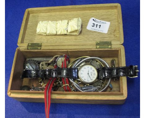 Jewellery box containing: Limit wrist watch; ladies bangles; brooches; dress jewellery, snake bangle; bone floral bracelet.