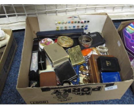 Box of assorted collectables to include folding fan, compact, various dress and costume jewellery, miniature Dutch type vases