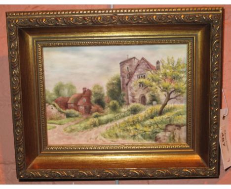 Royal Worcester bone china hand-painted plaque by Terence Nutt, depicting church, village landscape, within gilt frame, certi