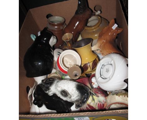 Box of assorted china to include china animals including cats, horses, dogs etc., stoneware utensil jar, continental porcelai